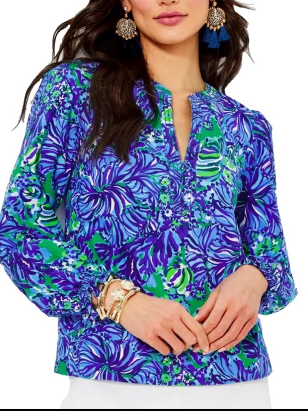 Lilly Pulitzer Blue & Green Floral Print Long-Sleeve Blouse